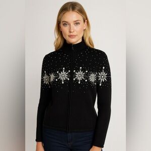 Vintage TALBOTS Petites - 100% Cotton Snowflake Zip Sweater in black. Medium